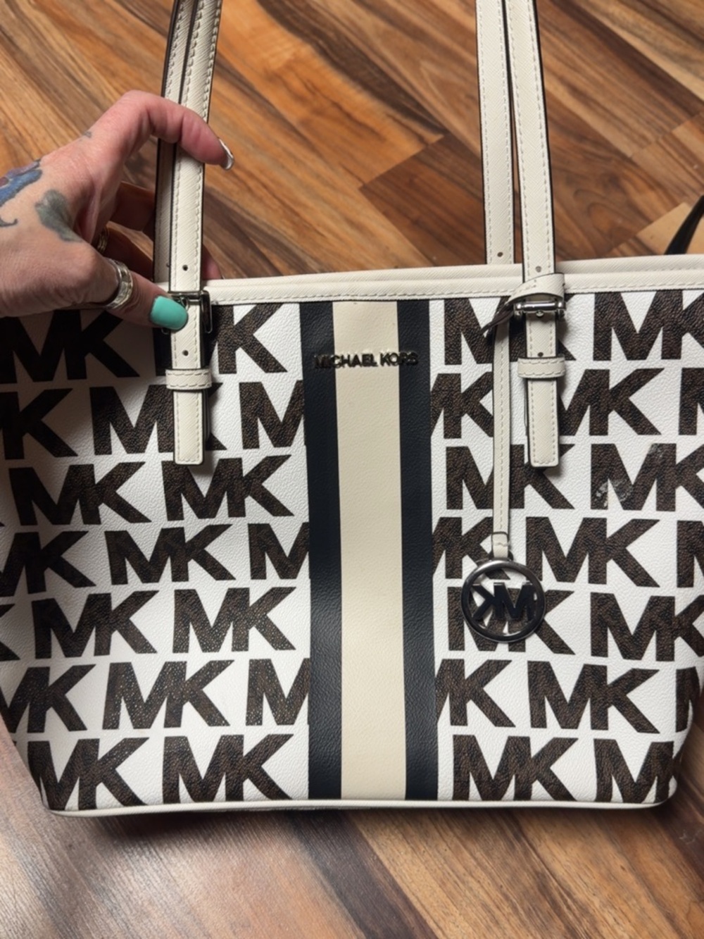 Michael Kors Brown & White Logo Stripe Tote